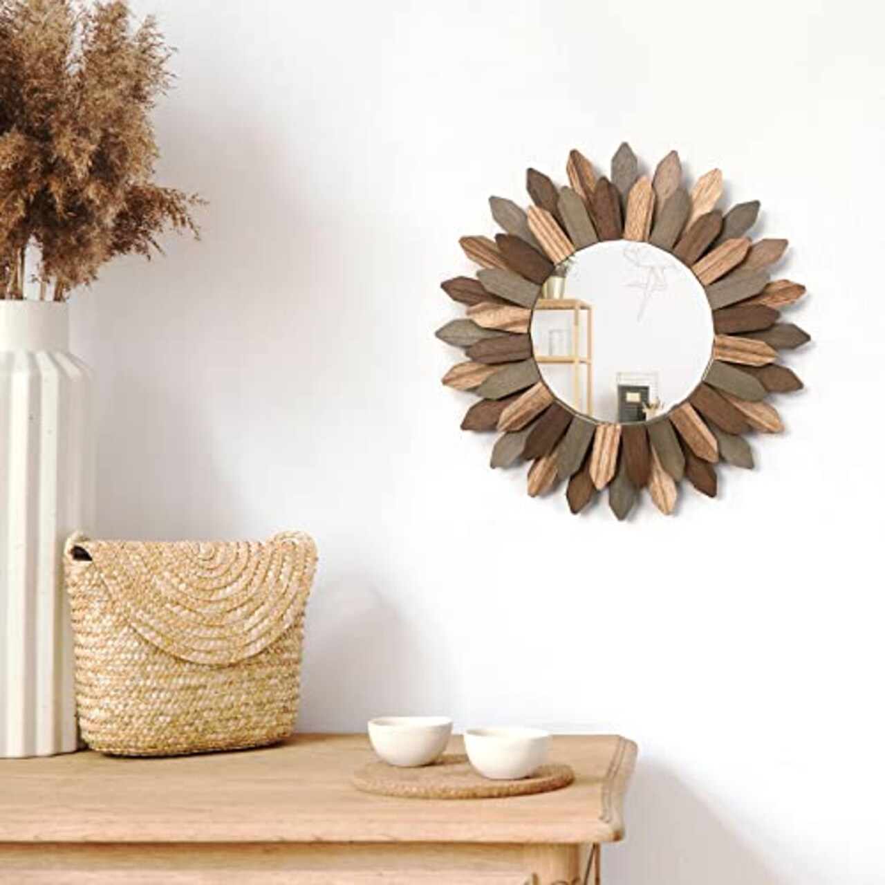 12 inch Boho Wall DecorDecorative Mirror for Wall Decor with Rustic Wood Sunburst Framed Boho Bedroom Decor Room Decor Home Decor for Bedroom Living Room Tril Color